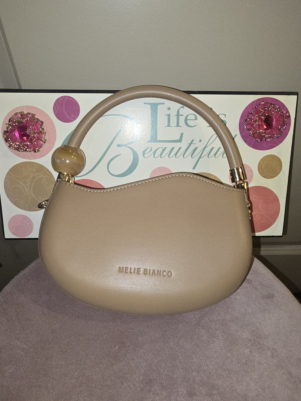 Melie Biianco Taupe Sculpted-Handle Mini Bag